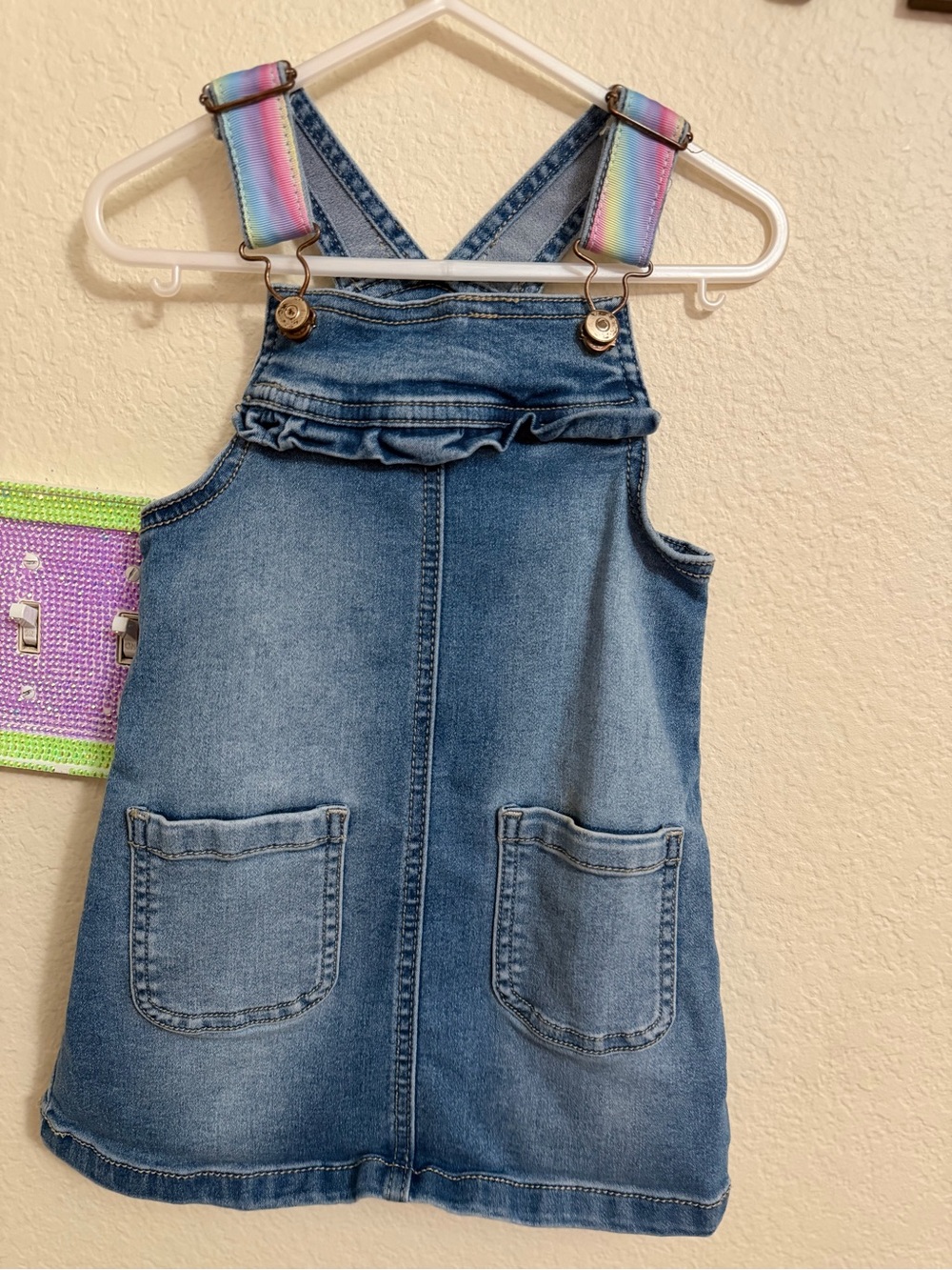 wonder nation Denim Overall Dress with Rainbow Straps - Blue